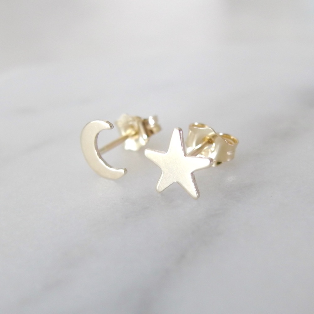 Tiny moon and star stud earring set 14k gold fill